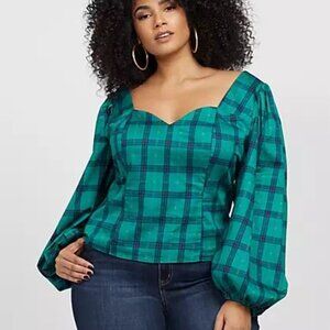 Fashion to Figure Green Plaid Sweetheart Neckline Puff Sleeve Top Size 1X (1)